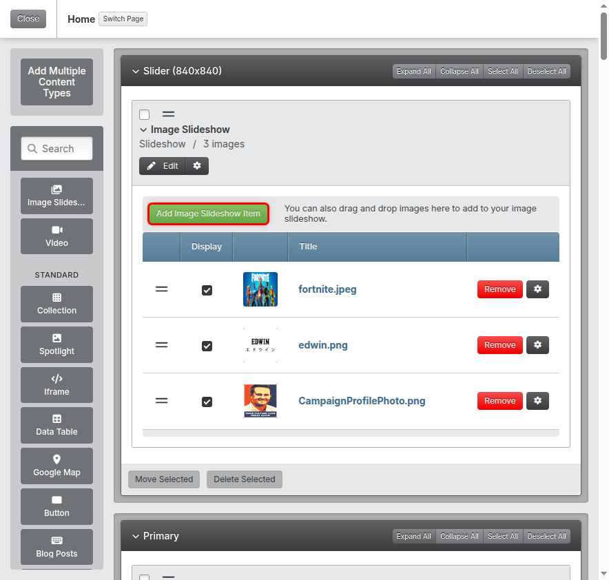 Screenshot: Add Image Gallery Item button highlighted
