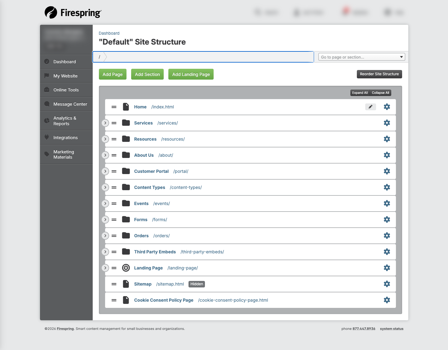 Screenshot: Website content menu showing the Content option