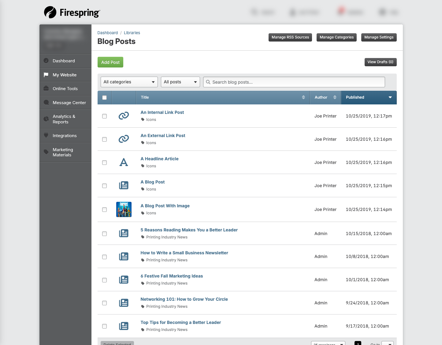 Screenshot: Categories option in the top menu