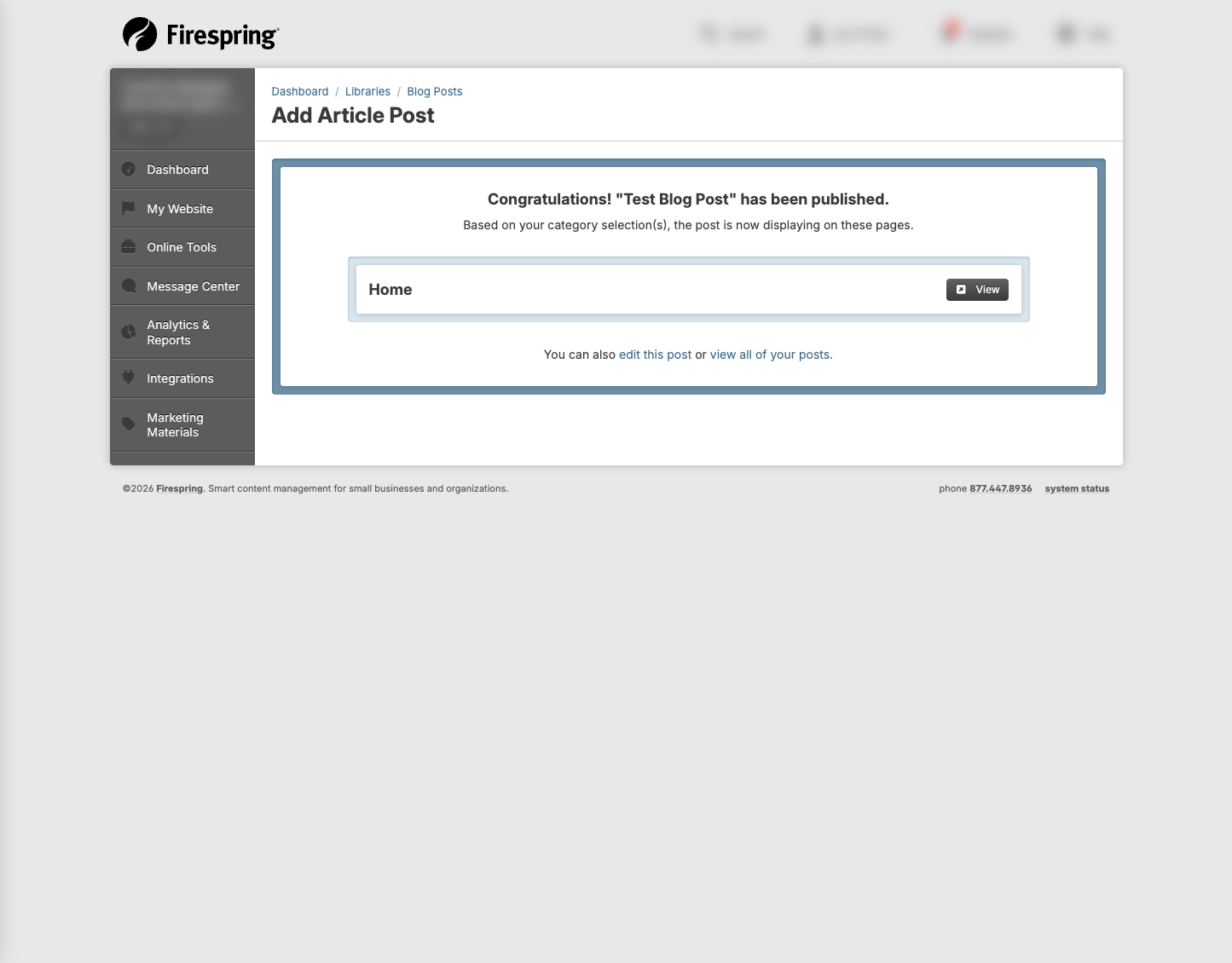 Screenshot: Blog post confirmation screen