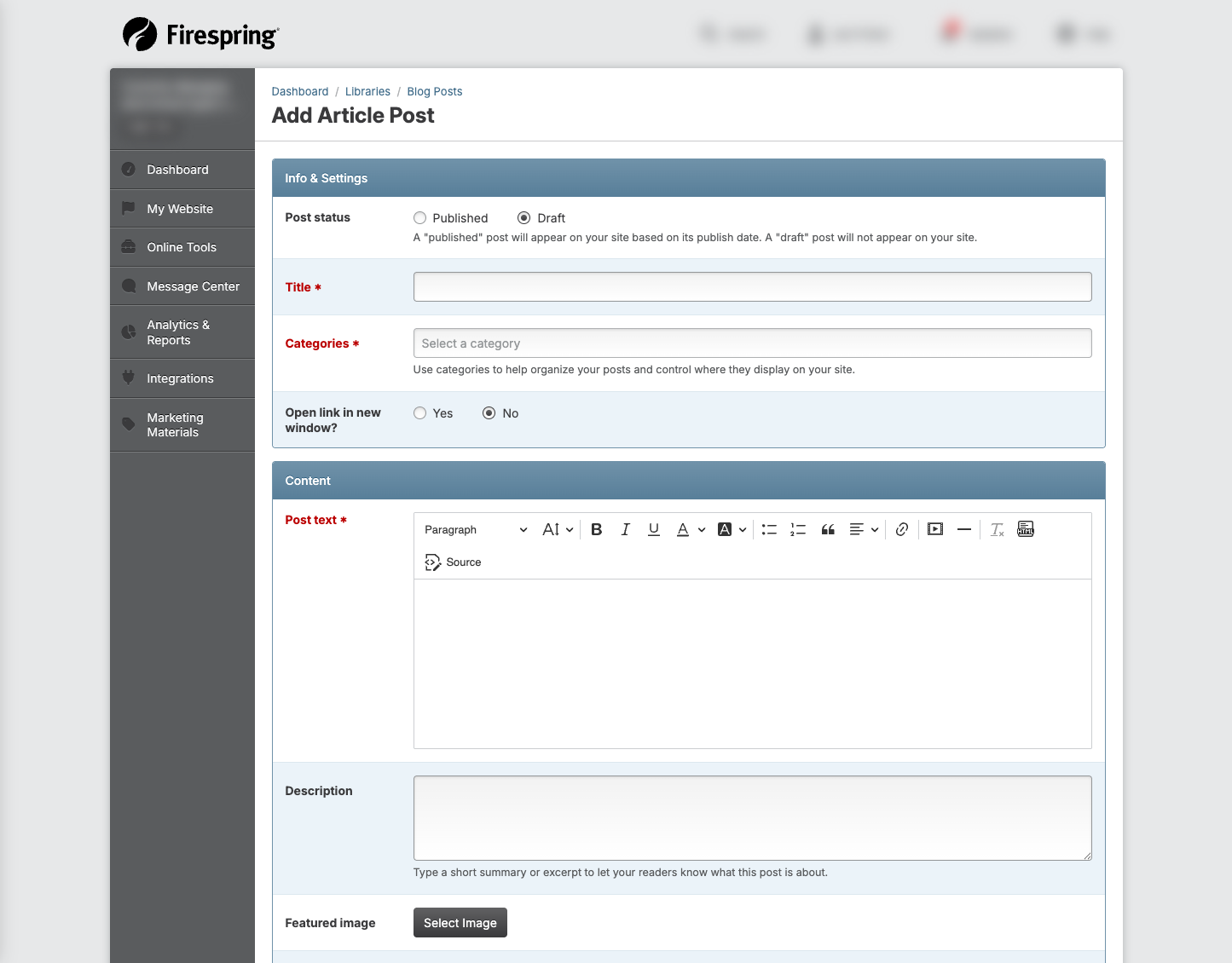 Screenshot: Blog post creation form