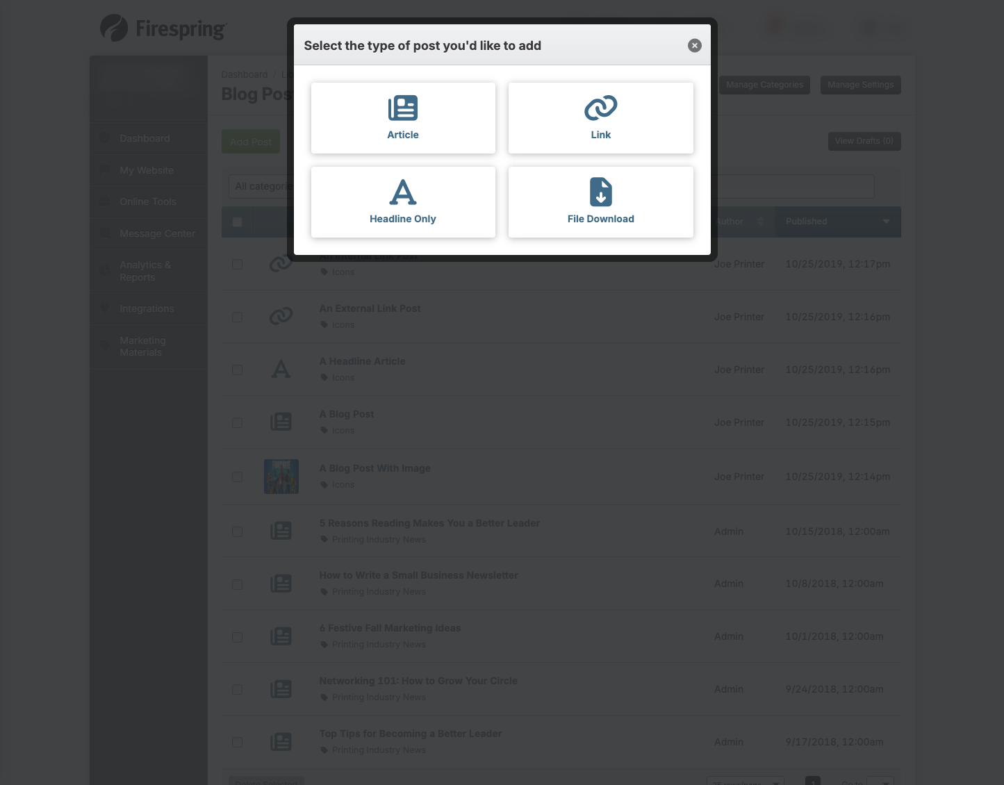 Screenshot: Blog post type selection