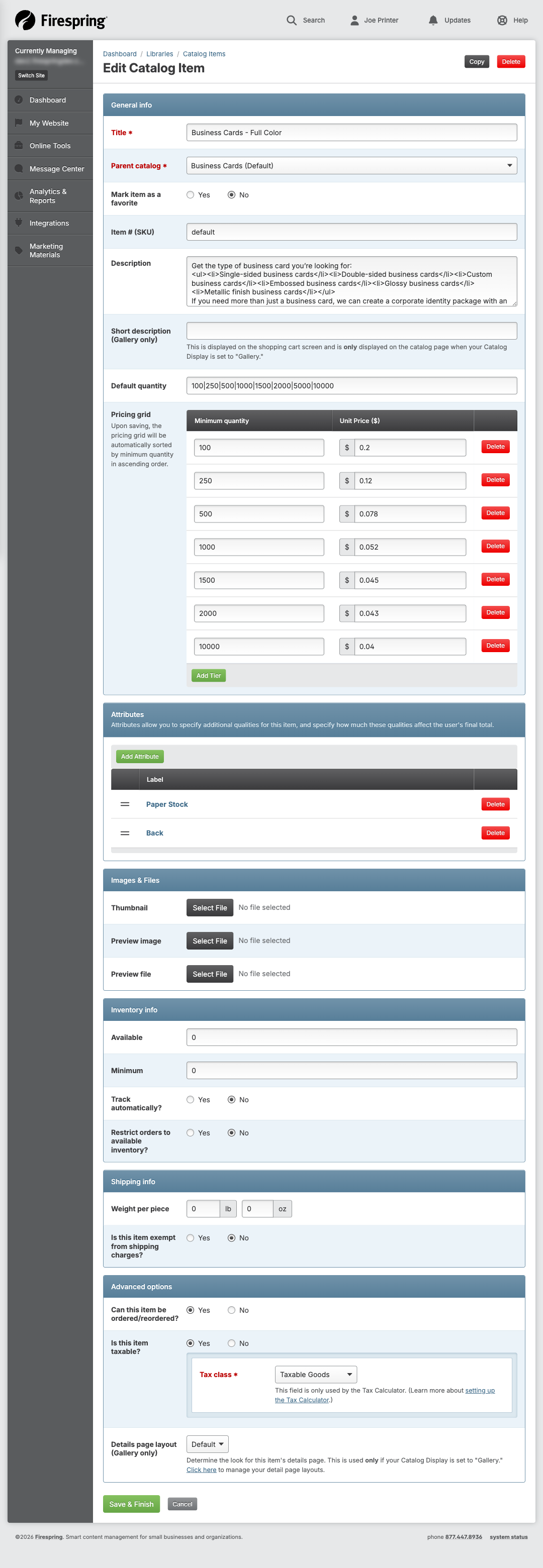 Screenshot: Inventory quantity and minimum fields