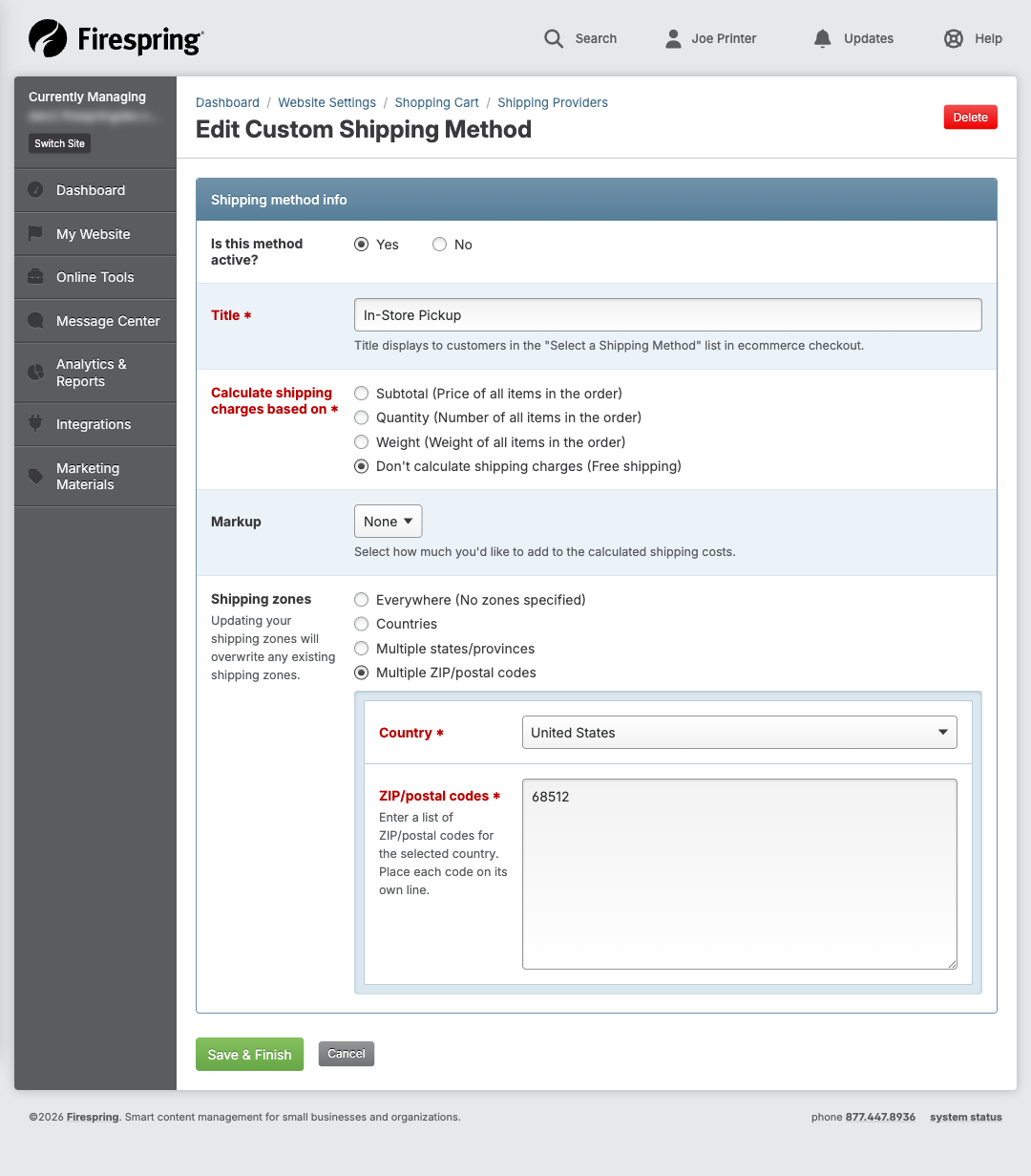 Screenshot: Shipping zones options