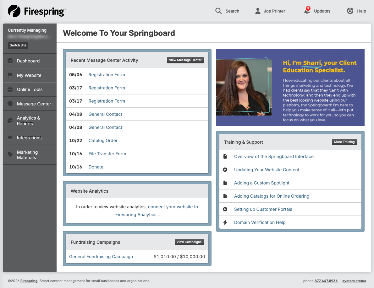 Screenshot: Dashboard layout showing side menu, message center, analytics, and training sections