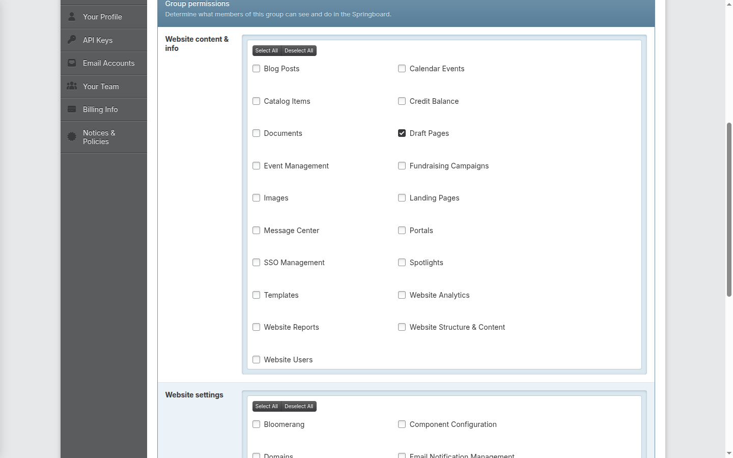 Screenshot: Group permissions list
