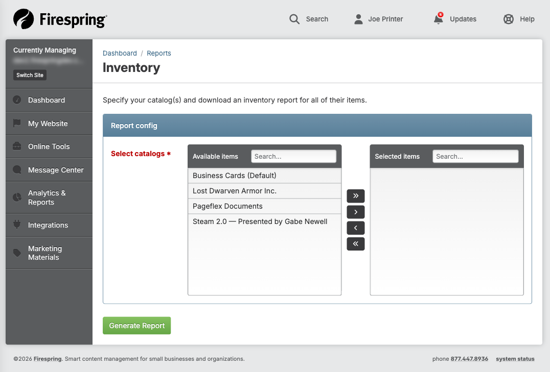 Screenshot: Report configuration form