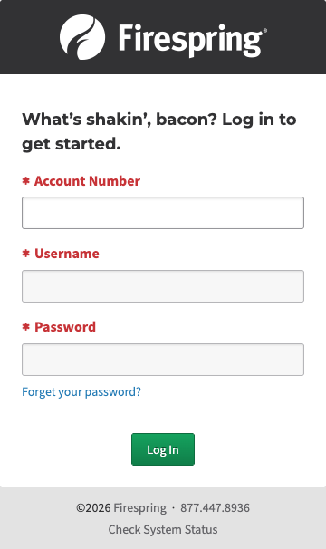 Screenshot: Firespring Accounts login screen with account, username, and password fields