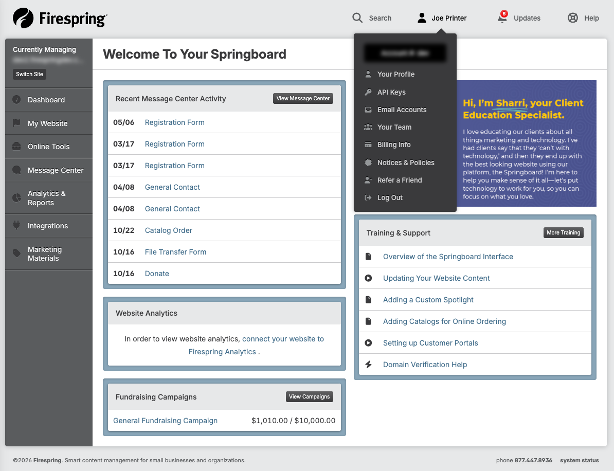 Screenshot: Account dropdown menu with Log Out option at the bottom