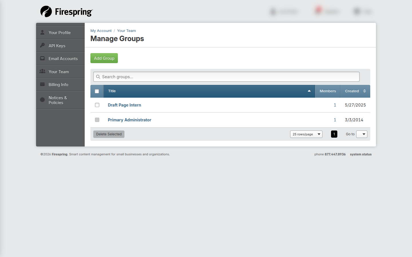 Screenshot: Manage Groups list