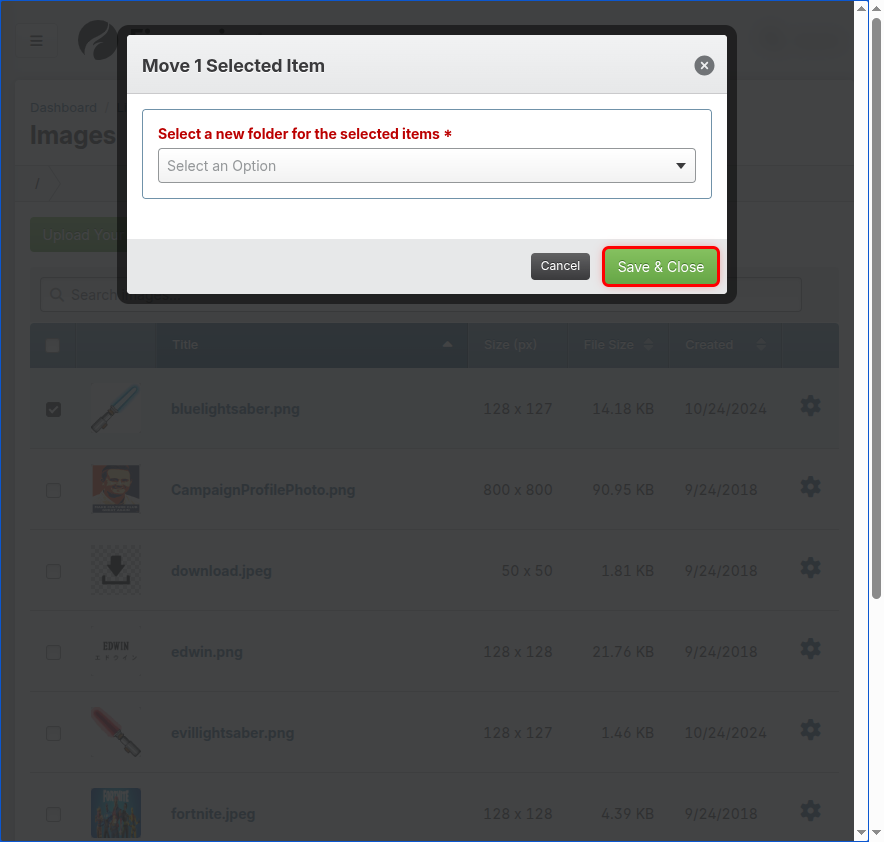 Screenshot: Move confirmation button