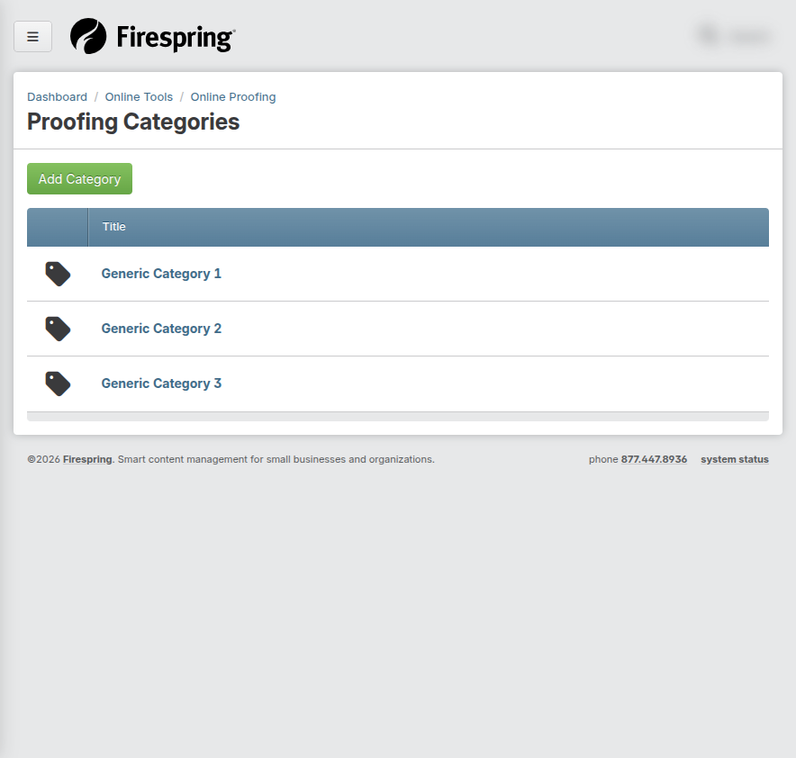 Screenshot: Proofing Categories page