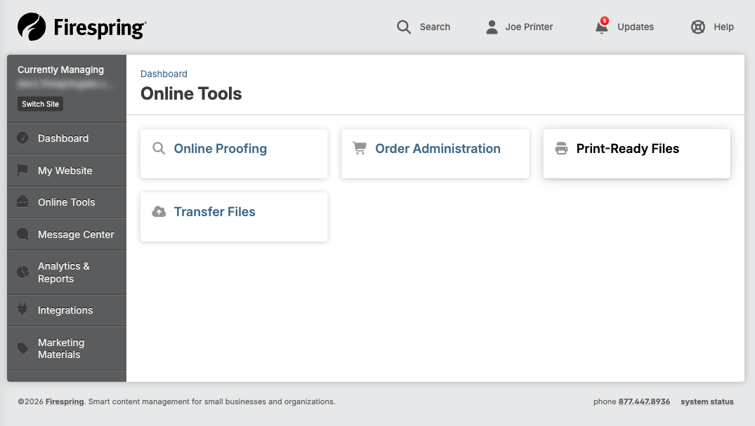 Screenshot: Left menu with Online Tools highlighted