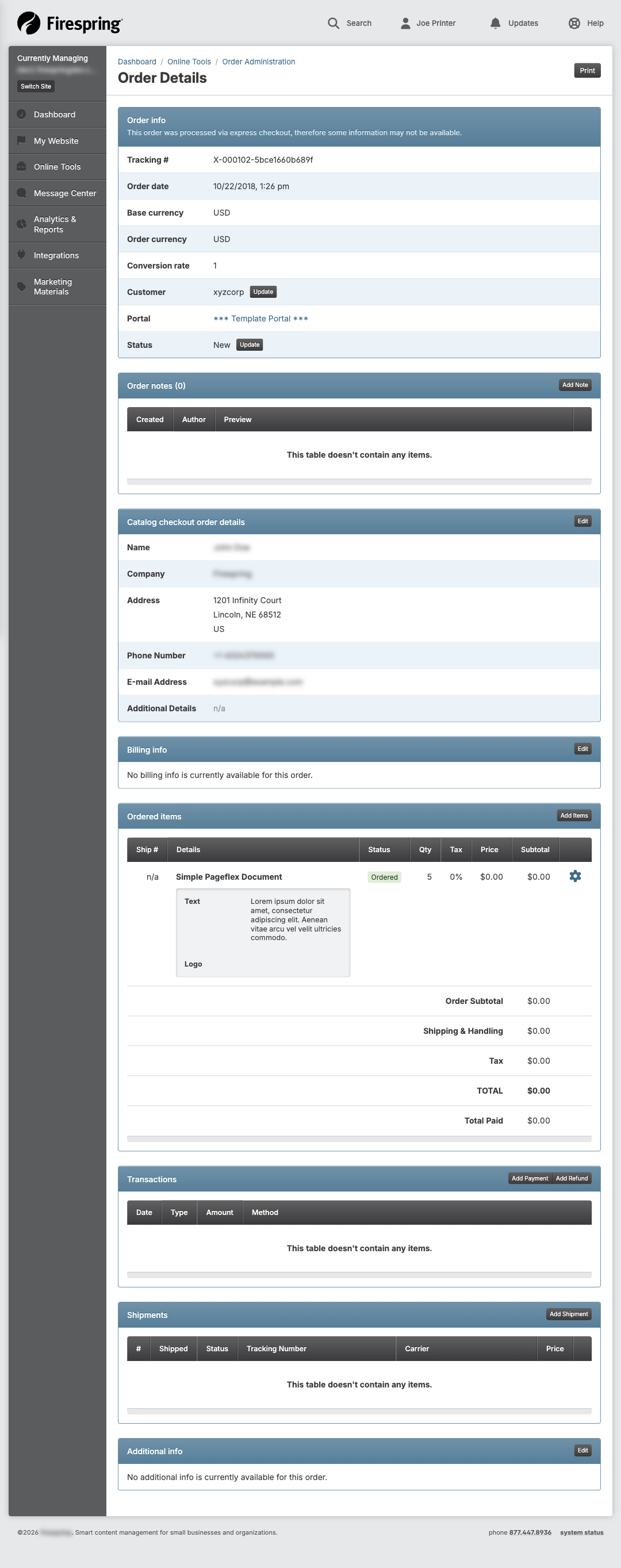 Screenshot: Order details page showing all sections