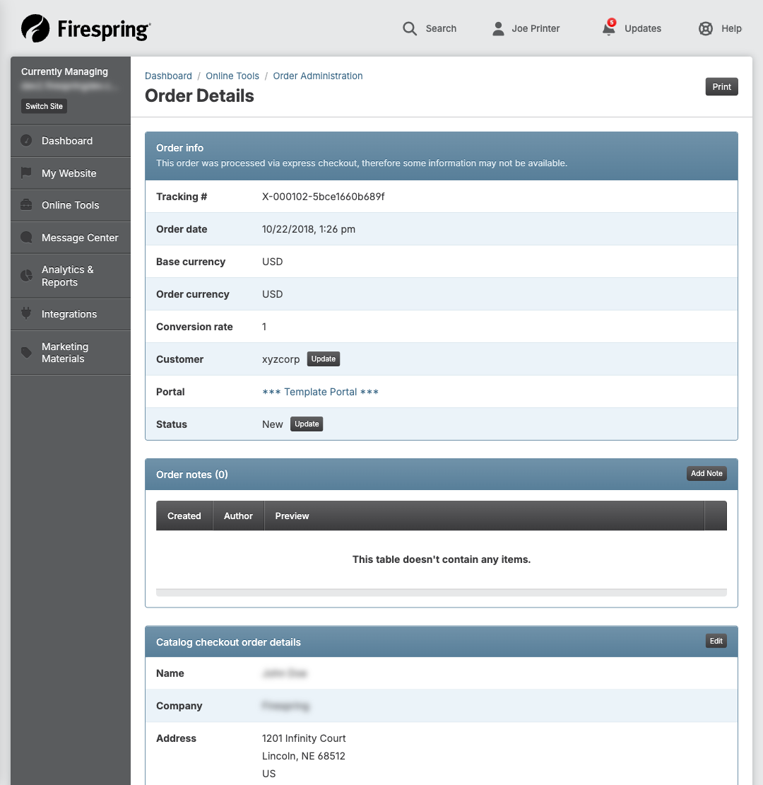 Screenshot: Status section on order details page