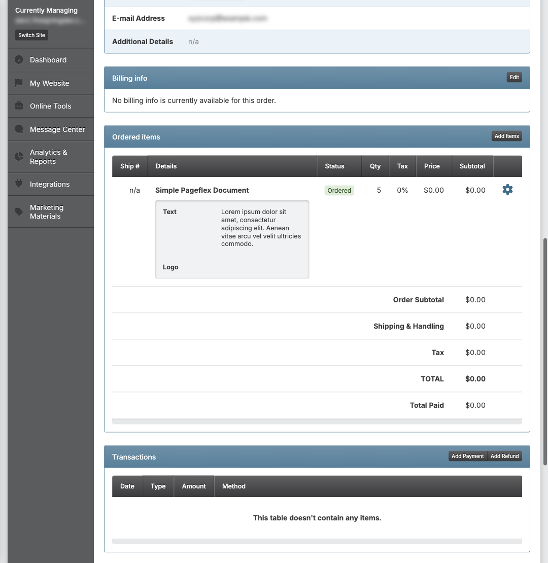 Screenshot: Items section