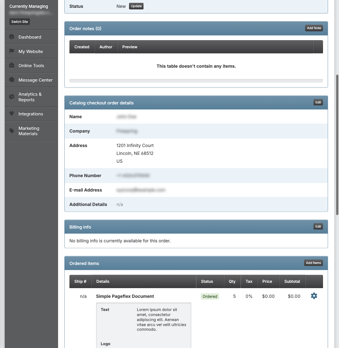 Screenshot: Notes section on order details page