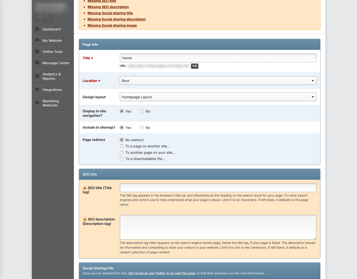 Screenshot: Page redirect options