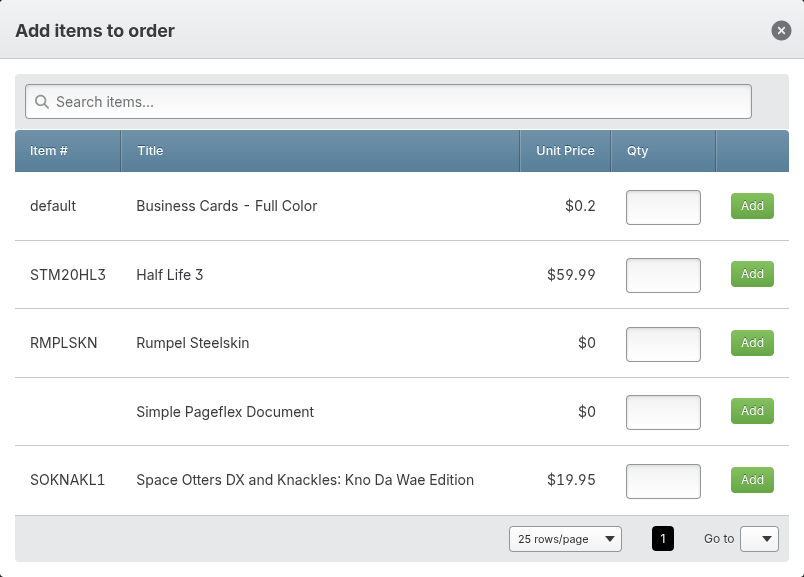 Screenshot: Add Items modal with item search and quantity fields