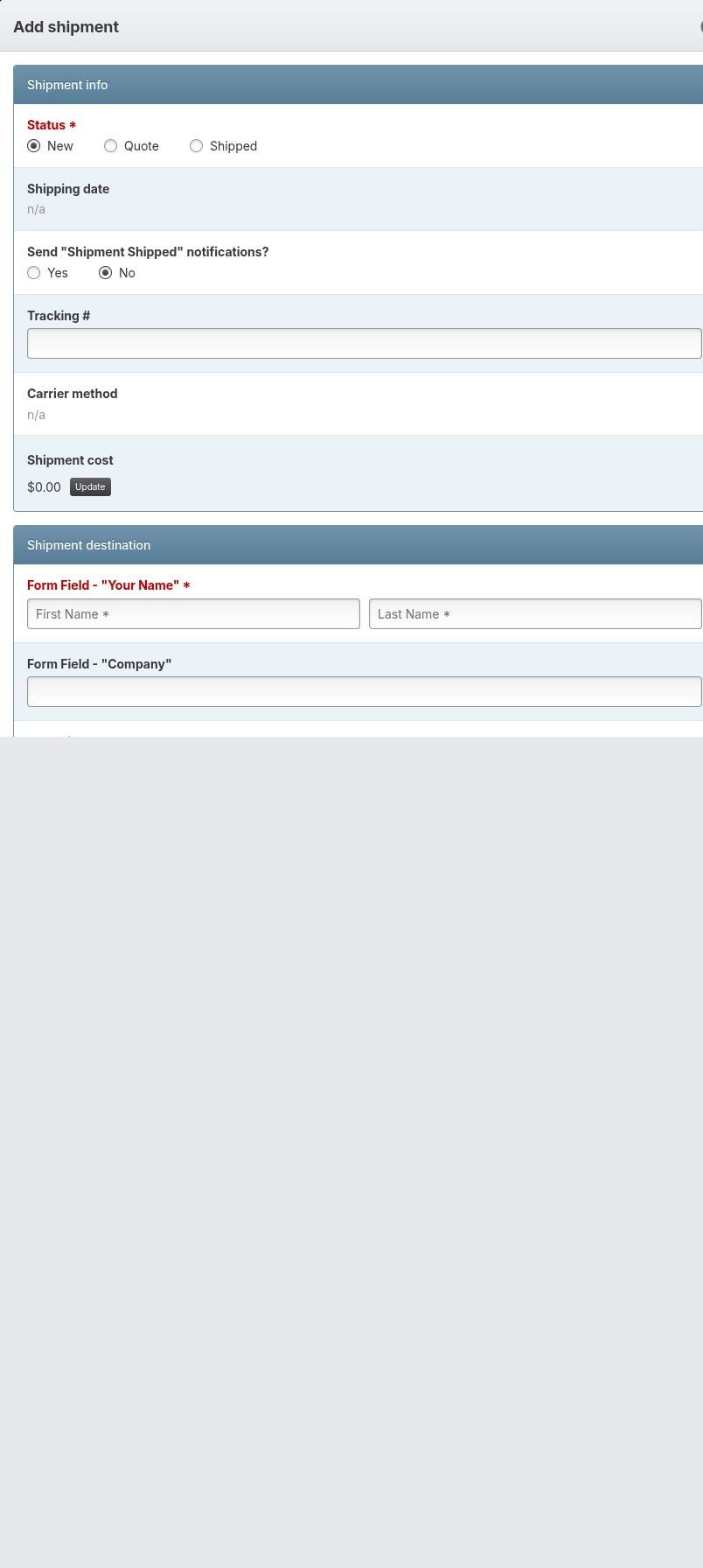 Screenshot: Add Shipment workflow with shipping details form