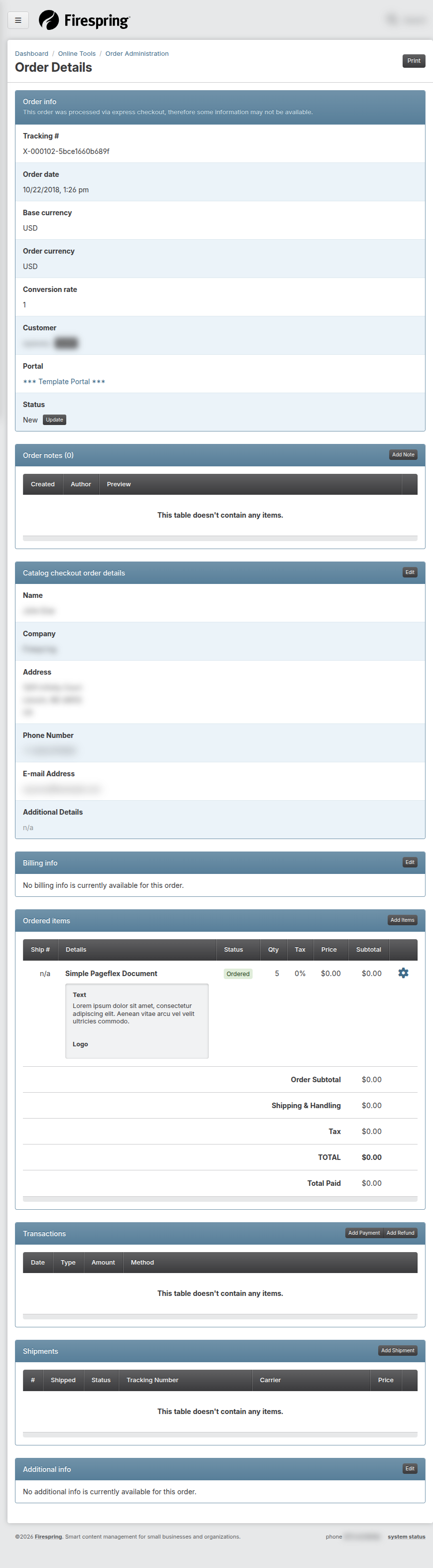 Screenshot: Full order details page showing items, shipments, transactions, and notes sections