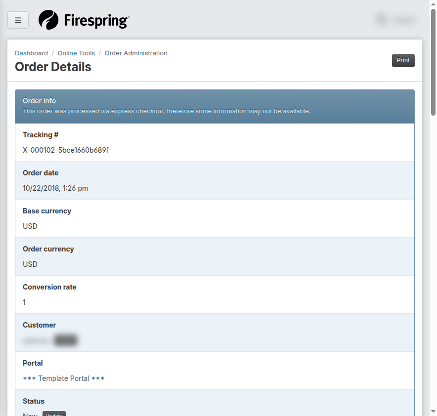 Screenshot: Print order details page with status area near the top