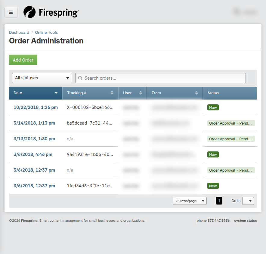 Screenshot: Print order list with rows and column headings