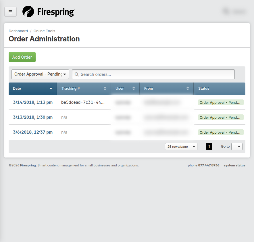 Screenshot: Order list filtered or sorted to show pending orders first
