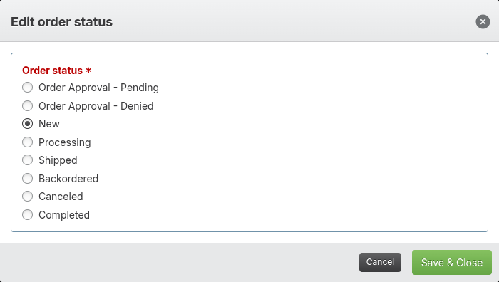 Screenshot: Status options list opened in the update modal
