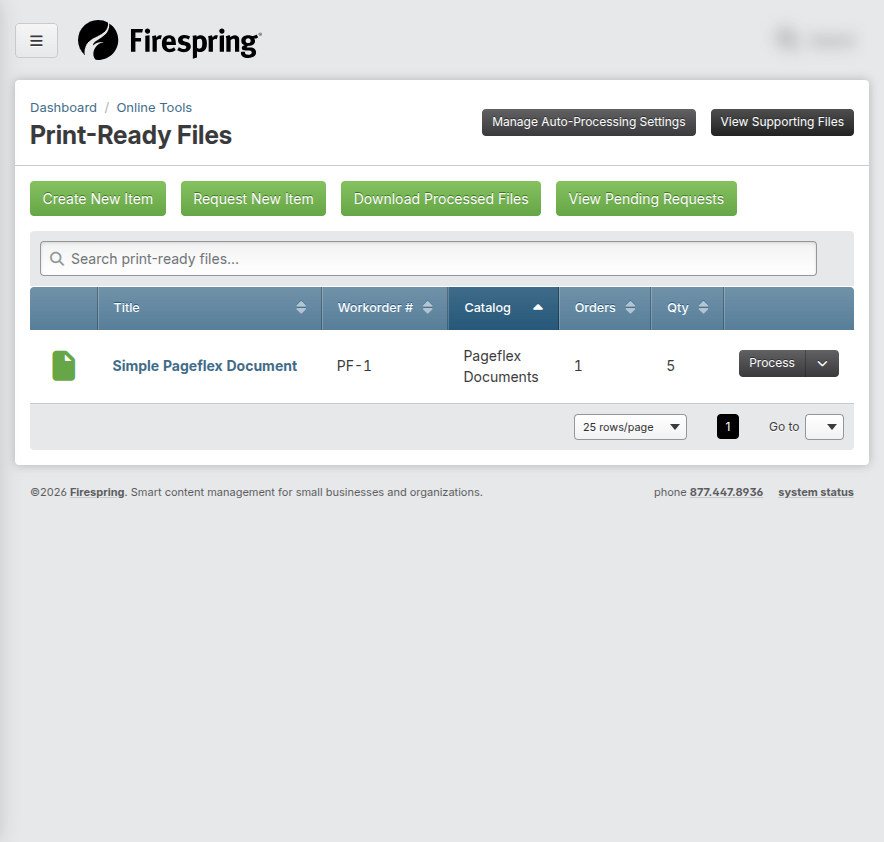Screenshot: Print-Ready Files list with Request New Item button