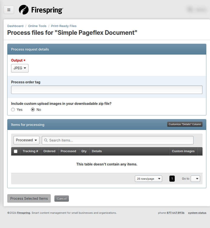 Screenshot: Items for processing dropdown set to Processed