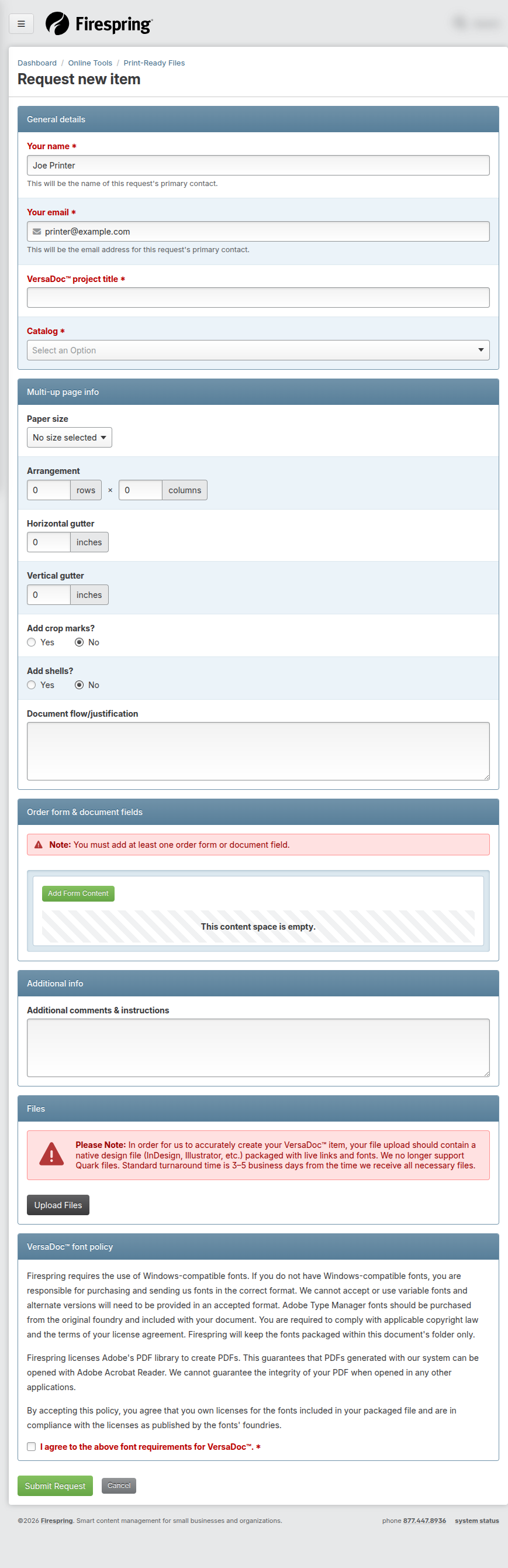 Screenshot: New item request form with Submit Request button