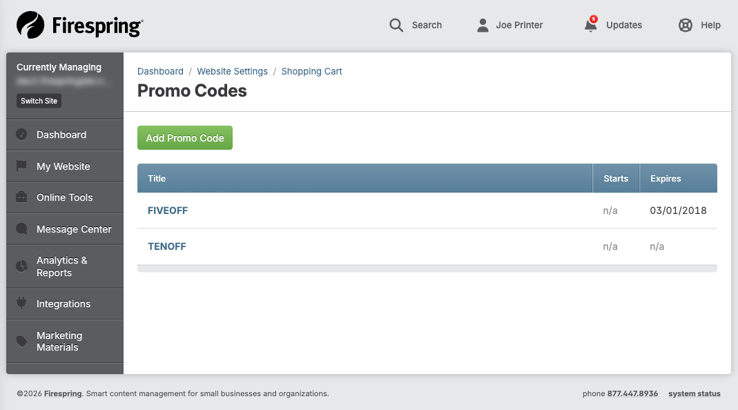 Screenshot: Promo Codes option