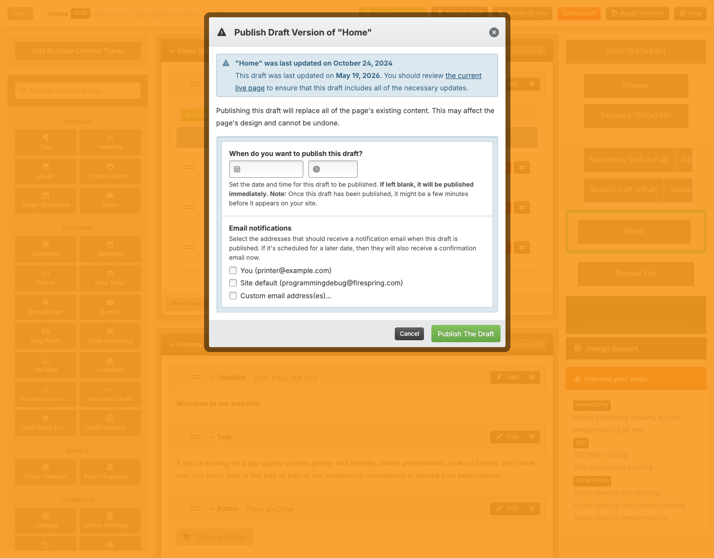 Screenshot: Publish button and confirmation message