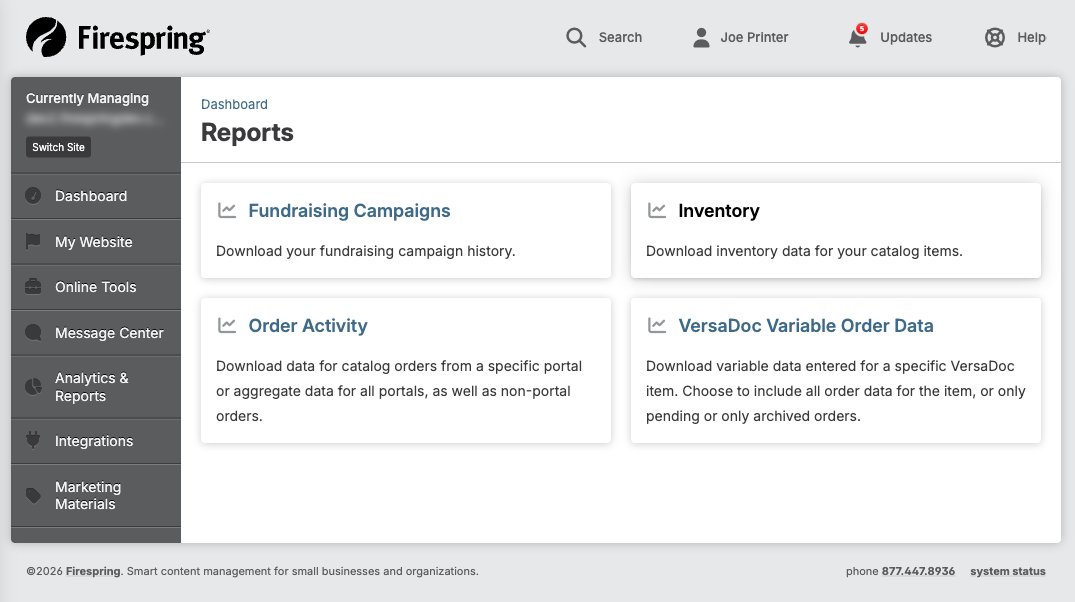 Screenshot: Reports menu