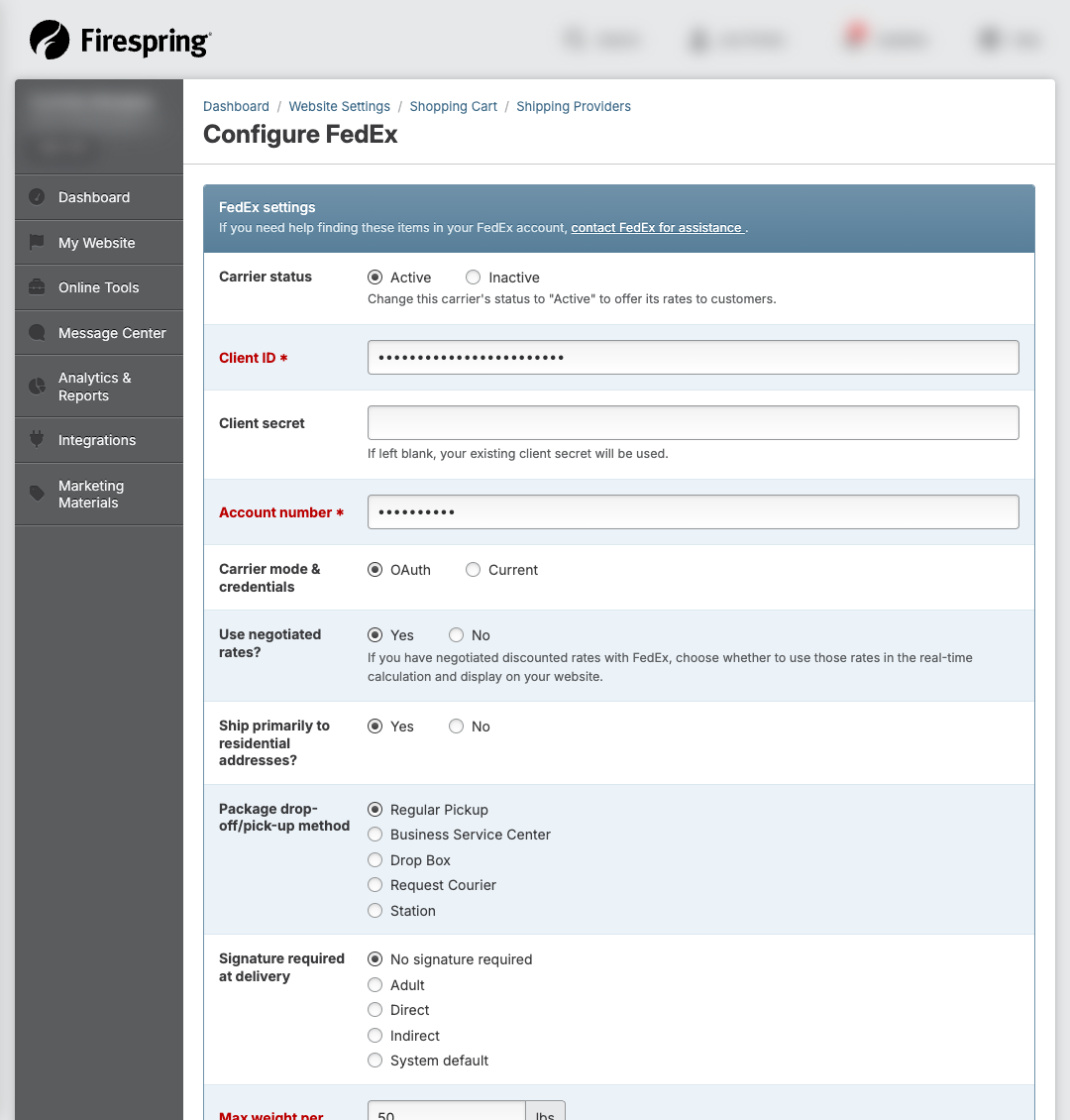 Screenshot: FedEx OAuth credential fields
