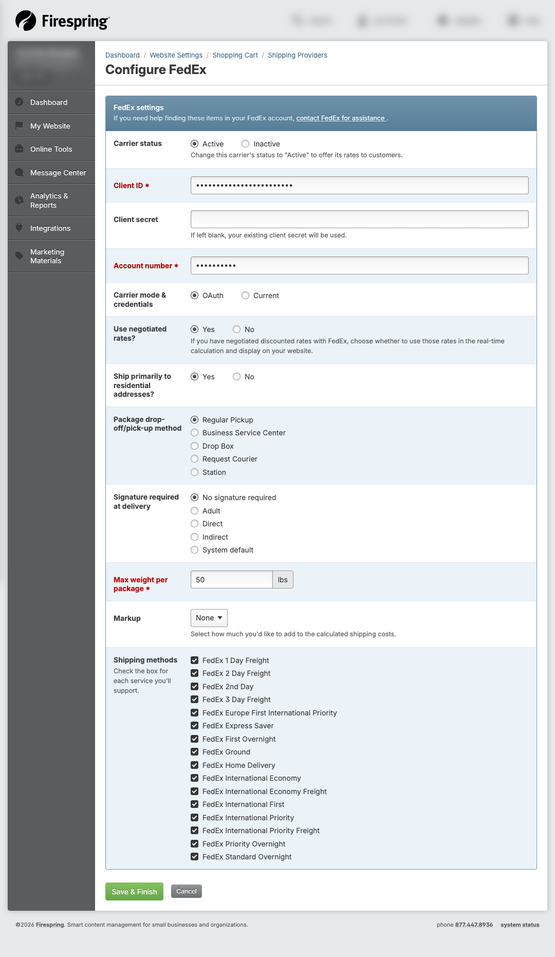 Screenshot: FedEx OAuth full settings page