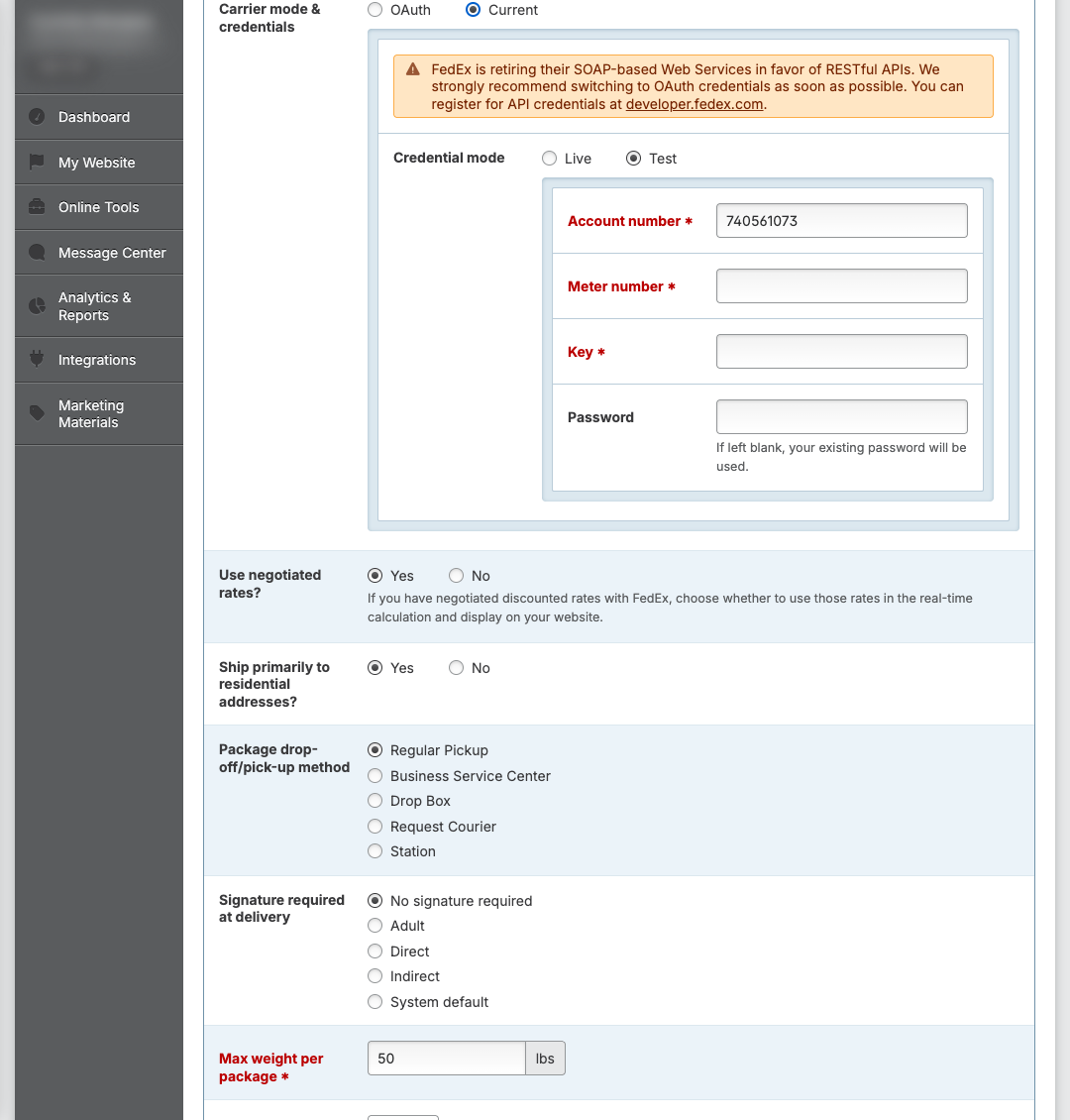 Screenshot: FedEx legacy SOAP credential fields