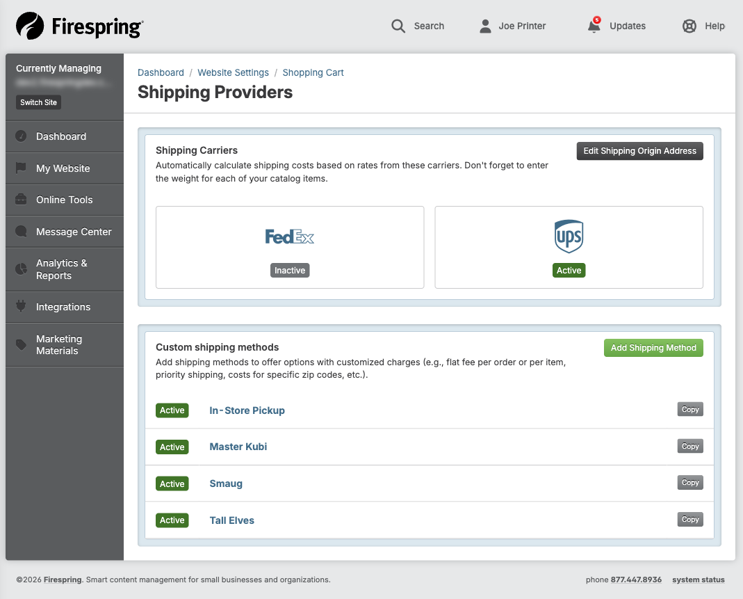 Screenshot: Shipping Providers page