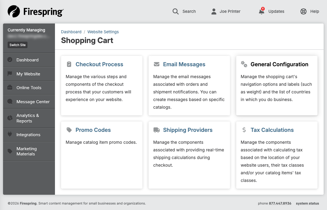 Screenshot: Shopping Cart option in dropdown menu