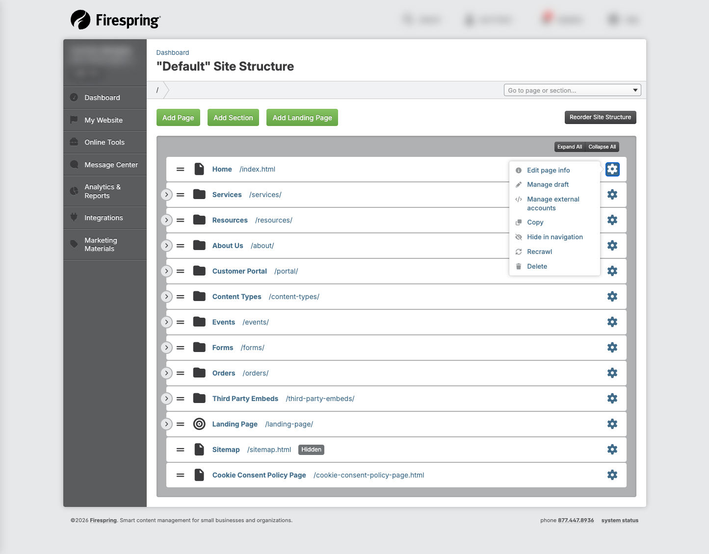 Screenshot: Website content menu showing the Content option