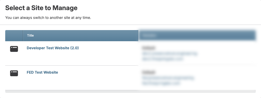 Screenshot: Website list view showing search filters and table columns