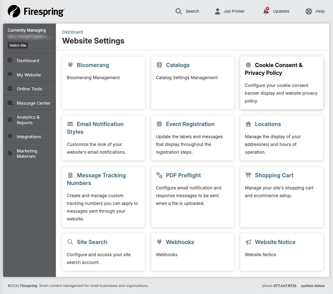 Screenshot: Left menu with Website Settings highlighted