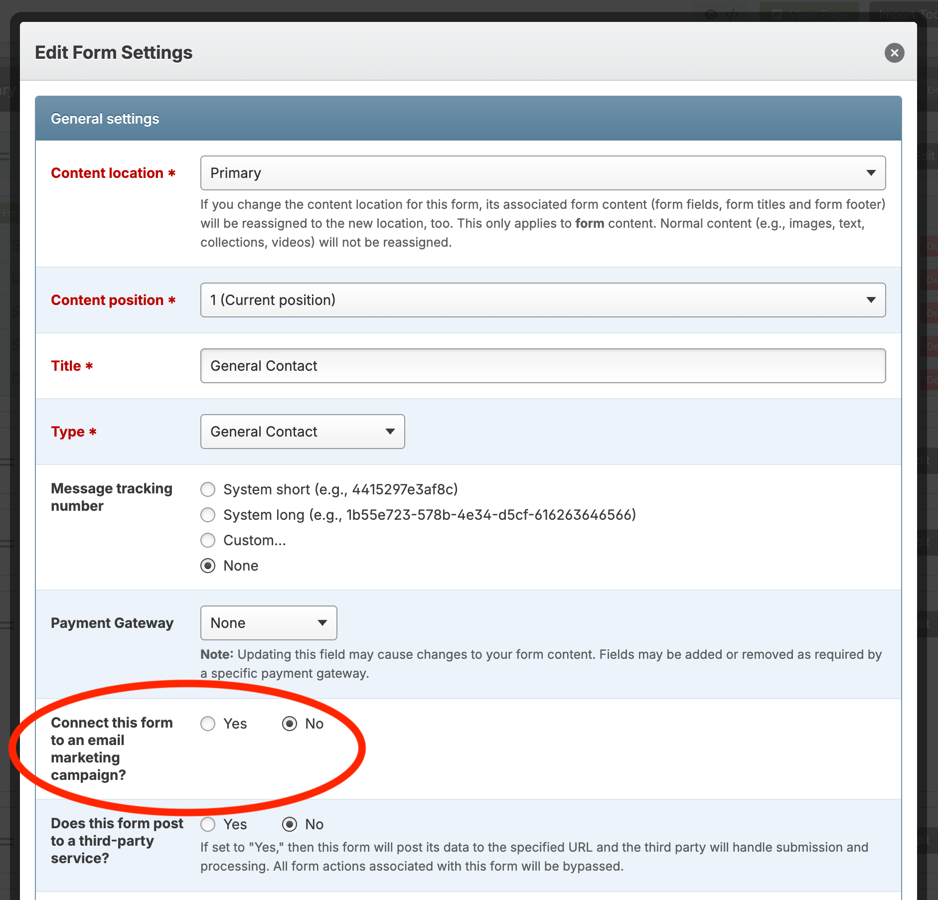 Screenshot: Form editor showing the email marketing connection question